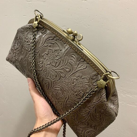 Handsewn Genuine Leather Floral Embossed Double Kiss-lock Clutch/Shoulder Bag - Picture 9 of 14